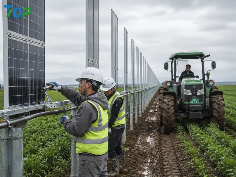 EPC engineers inspecting vertical bifacial solar systems while tractor operates between agrivoltaic rows in active farmland.
