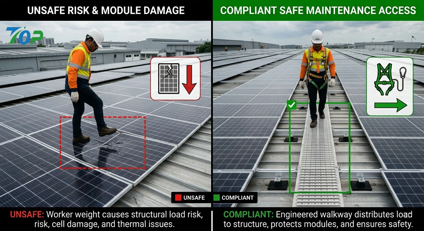 Split-screen industrial solar rooftop showing unsafe maintenance by stepping on PV modules versus compliant maintenance walkway system with structured SUS304 access corridor, illustrating solar walkway compliance and load-bearing safety design.