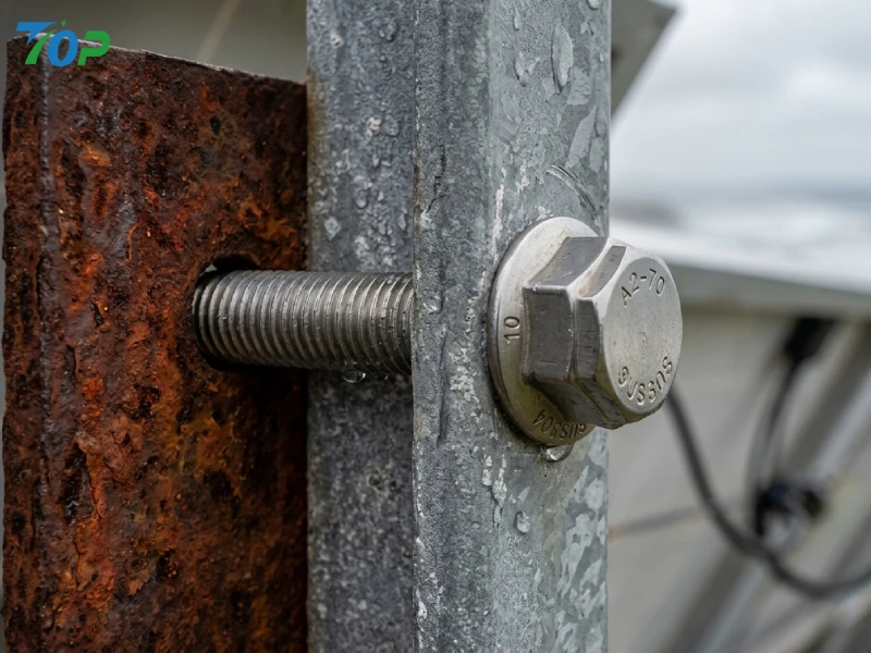 Macro detail of Zn-Al-Mg coated solar fence connection with SUS304 stainless steel fasteners in coastal environment