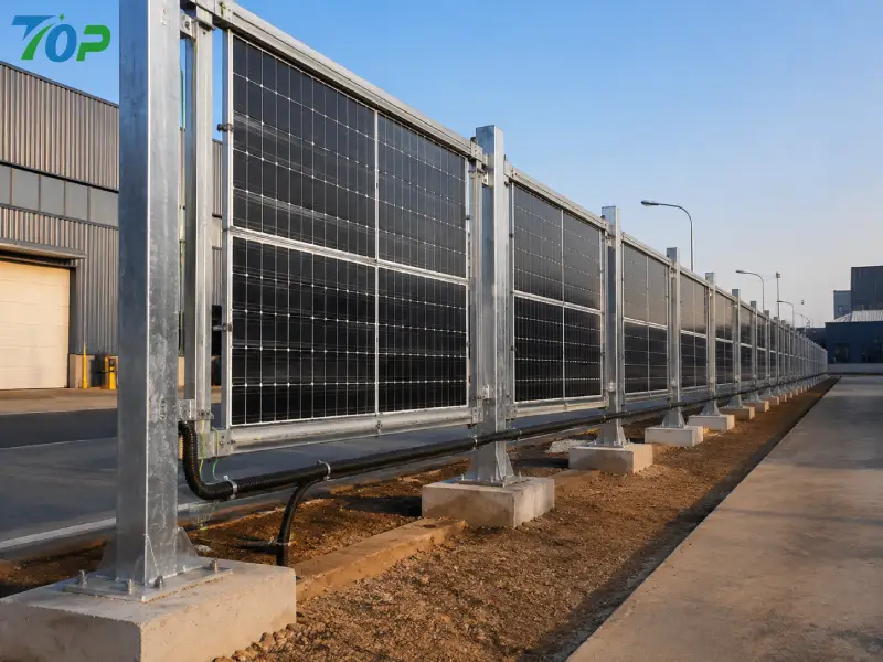 Industrial solar fence installed along manufacturing facility perimeter using bifacial PV modules and HDG steel structure